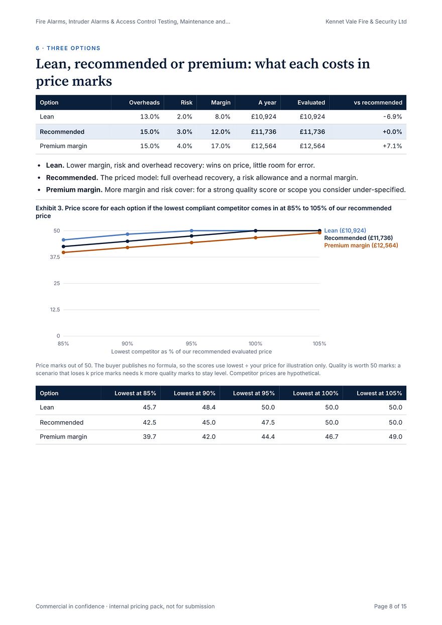 Pricing page: lean, recommended and premium options, with overheads, risk and margin for each.