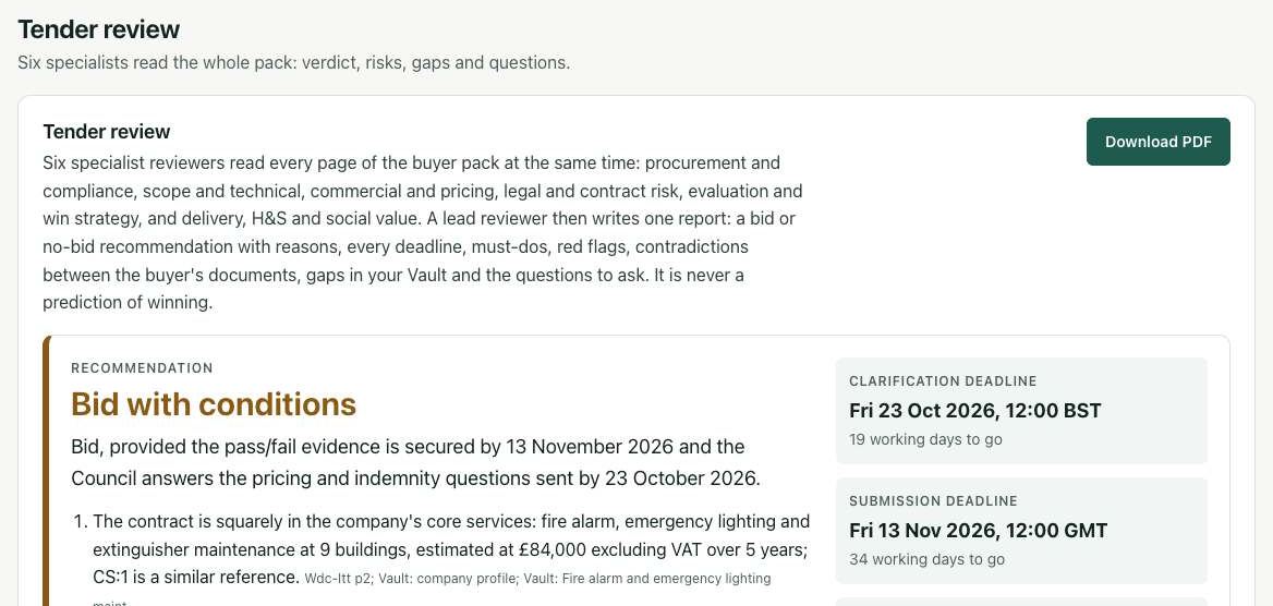 The Tender review step: six specialist reviewers read the whole pack; the recommendation is Bid with conditions, with the clarification and submission deadlines.